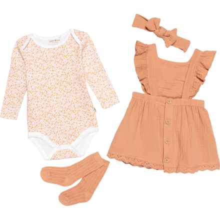 Rabbit + Bear Organic Infant Girls Baby Bodysuit and Gauze Jumper with Accessories Set -  4-Piece, Organic Cotton, Long Sleeve in Mustard