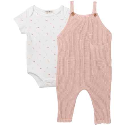 Rabbit + Bear Organic Infant Girls Baby Bodysuit and Overalls Set - Organic Cotton, Short Sleeve in Pink Knit