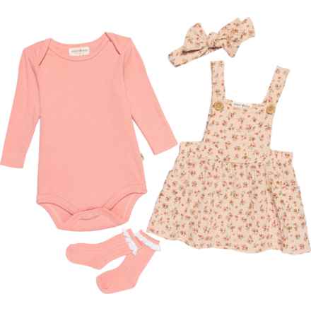 Rabbit + Bear Organic Infant Girls Baby Bodysuit, Gauze Jumper, Headband and Socks Set - Organic Cotton, Long Sleeve in Dusty Pink