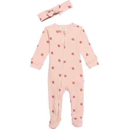 Rabbit + Bear Organic Infant Girls Baby Coveralls and Headband Set - Long Sleeve in Apples
