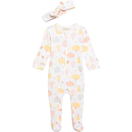 Rabbit + Bear Organic Infant Girls Baby Coveralls and Headband Set - Long Sleeve in Harvest