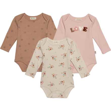 Rabbit + Bear Organic Infant Girls Printed Baby Bodysuits - Organic Cotton, 3-Pack, Long Sleeve in Pink Love