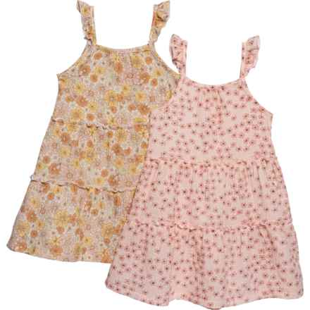 Rabbit + Bear Organic Little Girls Cotton Gauze Dress Set - 2-Pack, Sleeveless in Pink Floral
