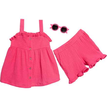 Rabbit + Bear Organic Little Girls Gauze Tunic Top and Shorts Set with Sunglasses - 3-Piece, Organic Cotton, Sleeveless in Pink