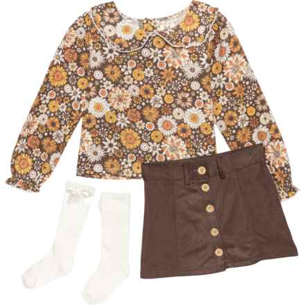 Rabbit + Bear Organic Little Girls Shirt, Skirt and Socks Set - 3-Piece, Long Sleeve in Brown Multi