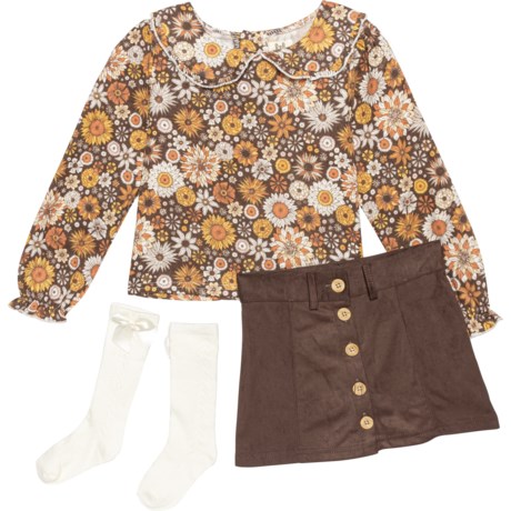 Rabbit + Bear Organic Little Girls Shirt, Skirt and Socks Set - 3-Piece, Long Sleeve in Brown Multi