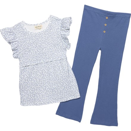 Rabbit + Bear Organic Little Girls Smocked T-Shirt and Pants - Organic Cotton, Short Sleeve in Blue