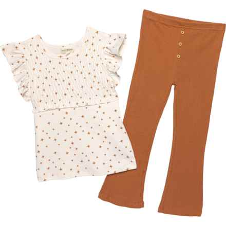 Rabbit + Bear Organic Little Girls Smocked T-Shirt and Pants - Organic Cotton, Short Sleeve in Cream And Brown