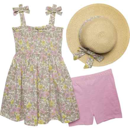 Rabbit + Bear Organic Little Girls Sundress, Bike Shorts and Straw Hat Set - 3-Piece, Sleeveless in Pink Floral