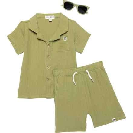 Rabbit + Bear Organic Toddler Boys Gauze Shirt and Shorts Set with Sunglasses - Organic Cotton, 3-Piece, Short Sleeve in Multi