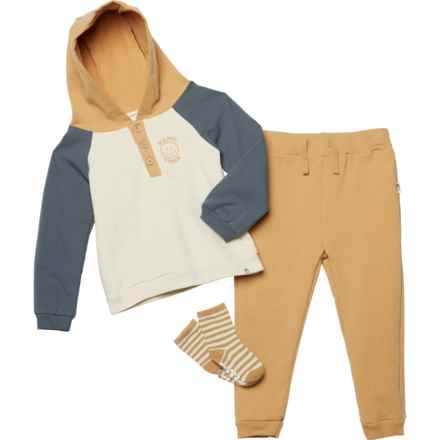 Rabbit + Bear Organic Toddler Boys Happy Vibes Hoodie, Pants and Socks Set in Happy Vibes