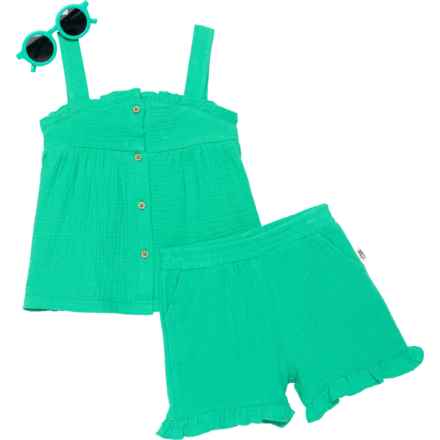 Rabbit + Bear Organic Toddler Girls Gauze Tank Top and Shorts Set with Sunglasses - Organic Cotton, 3-Piece, Sleeveless in Green