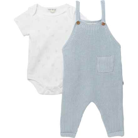 Rabbit + Bear Organics Infant Boys Baby Bodysuit and Knit Overall Set - Organic Cotton, Short Sleeve in Blue Knit