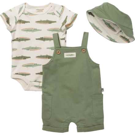 Rabbit + Bear Organics Infant Boys Baby Bodysuit, Shortalls and Bucket Hat Set - Organic Cotton, Short Sleeve in Green Alligators