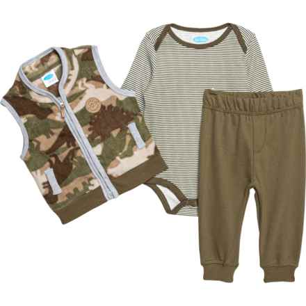 Rabbit + Bear Organics Infant Boys Fleece Vest, Baby Bodysuit and Pants Set - Long Sleeve in Bear