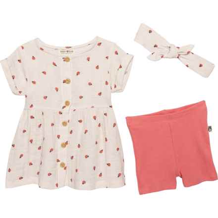 Rabbit + Bear Organics Infant Girls Tunic Shirt, Biker Shorts and Headband Set - Short Sleeve in Ladybugs