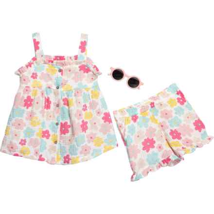 Rabbit + Bear Organics Little Girls Gauze Tunic Top and Shorts Set with Sunglasses - 3-Piece, Organic Cotton, Sleeveless in Multi Floral