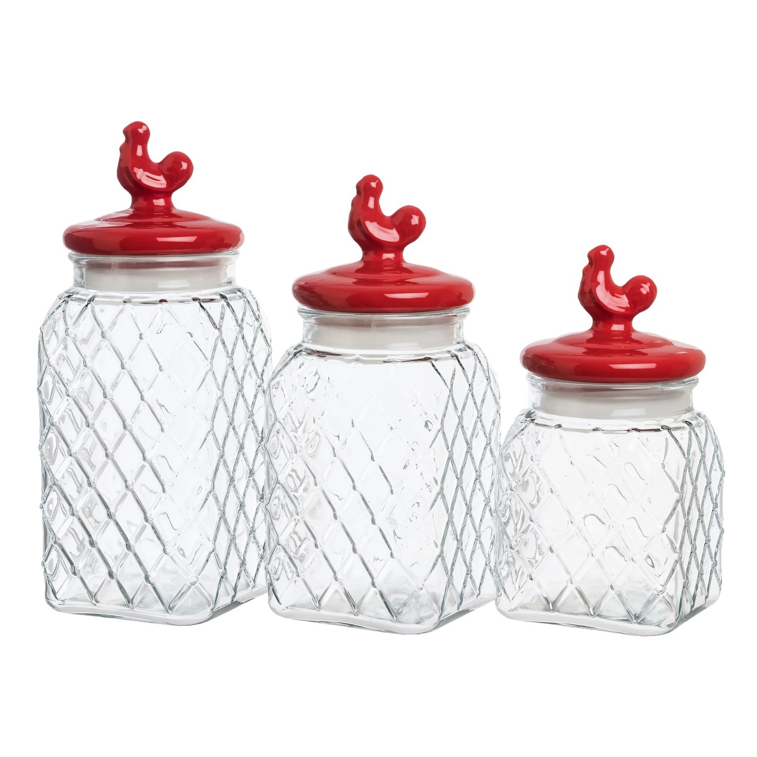 Red Pullet Embossed Glass Canister Set 3Piece Save 33