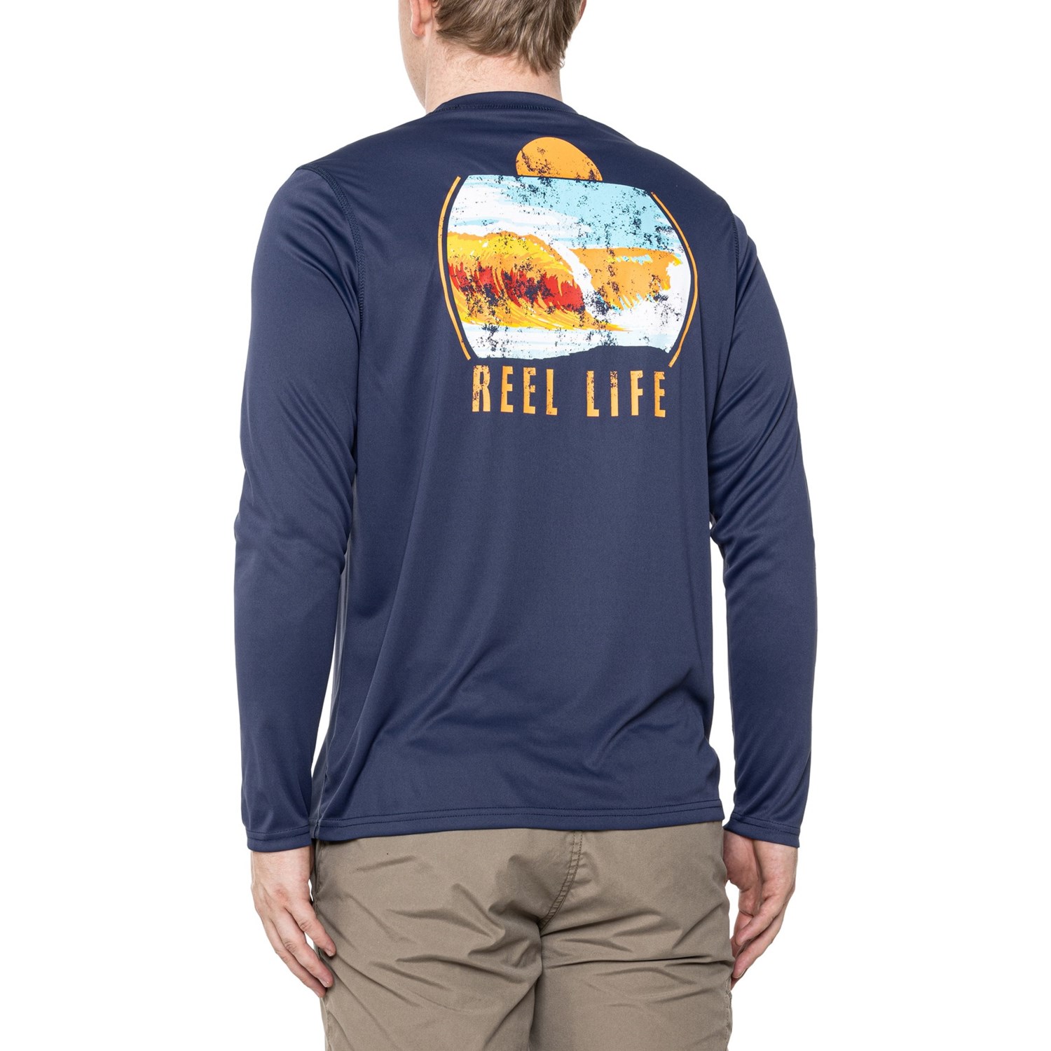Reel Life Mod Sunset Waves Crew Neck T-Shirt for Men | Dress Blues | Size 2XL | Stretchy Fabric