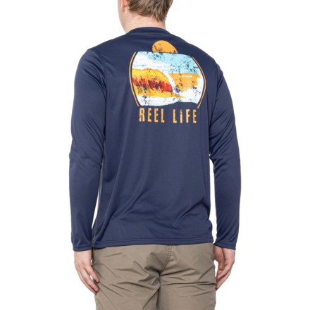 Reel Life Mod Sunset Waves Crew Neck T-Shirt - UPF 50+, Long Sleeve in Dress Blues