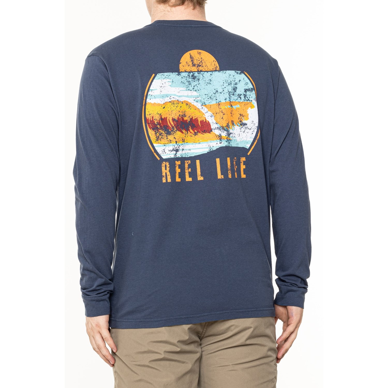 Reel Life Sunset Waves Graphic T-Shirt for Men | Dress Blues | Size Medium | Cotton