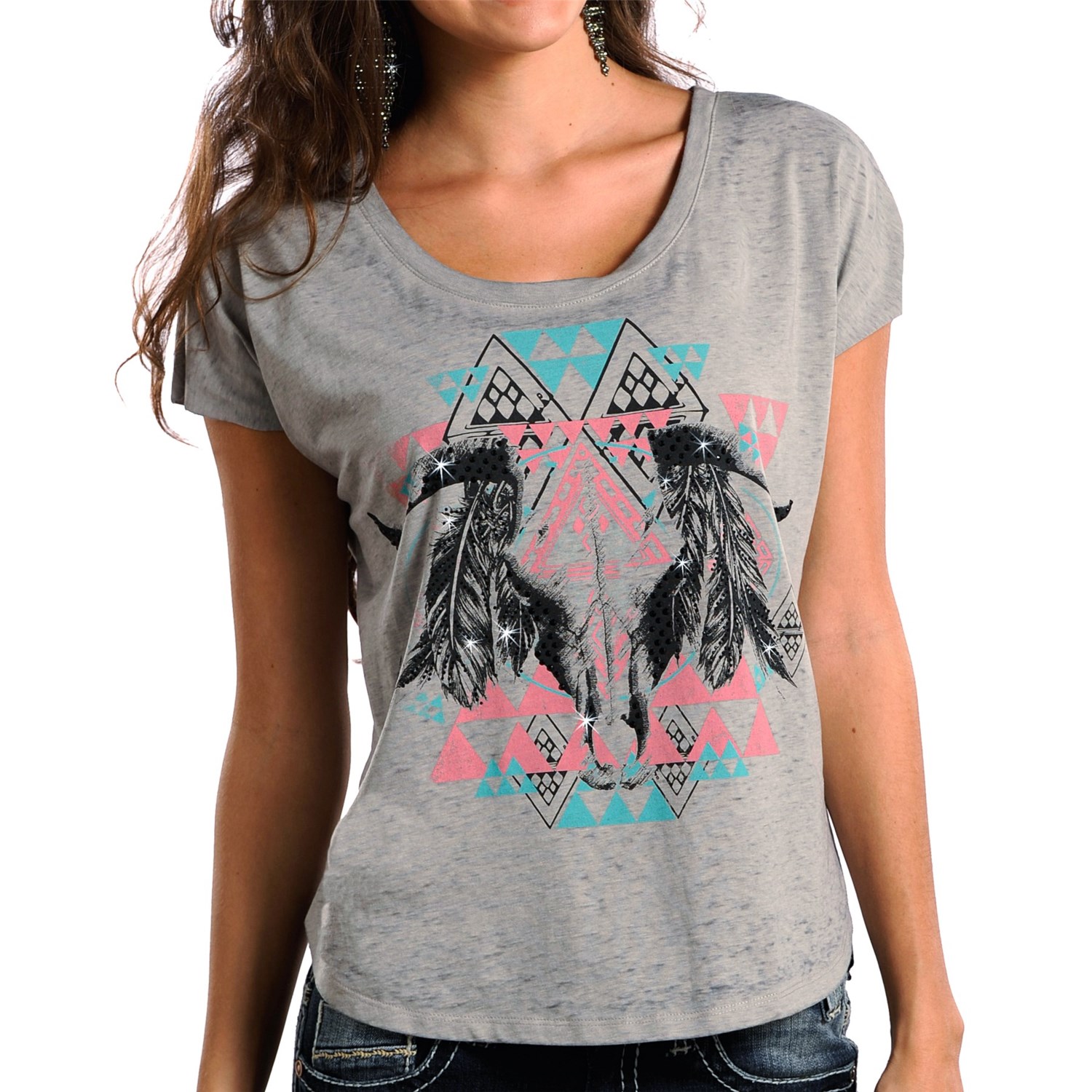 Rock & Roll Cowgirl Aztec Steer Skull T Shirt (For Women) 48