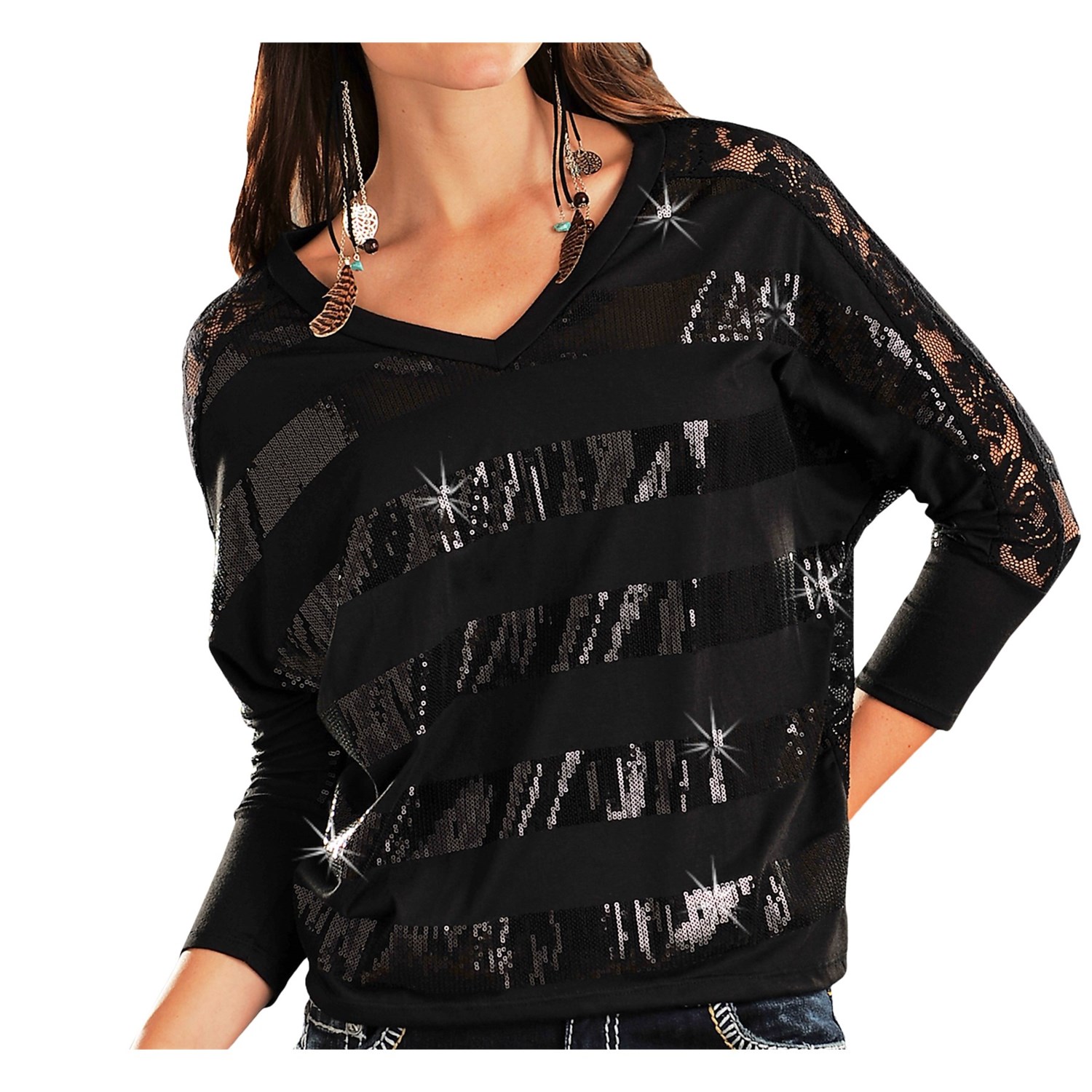 Rock & Roll Cowgirl Sequin Stripe & Lace Shirt (For Women) - Save 74%