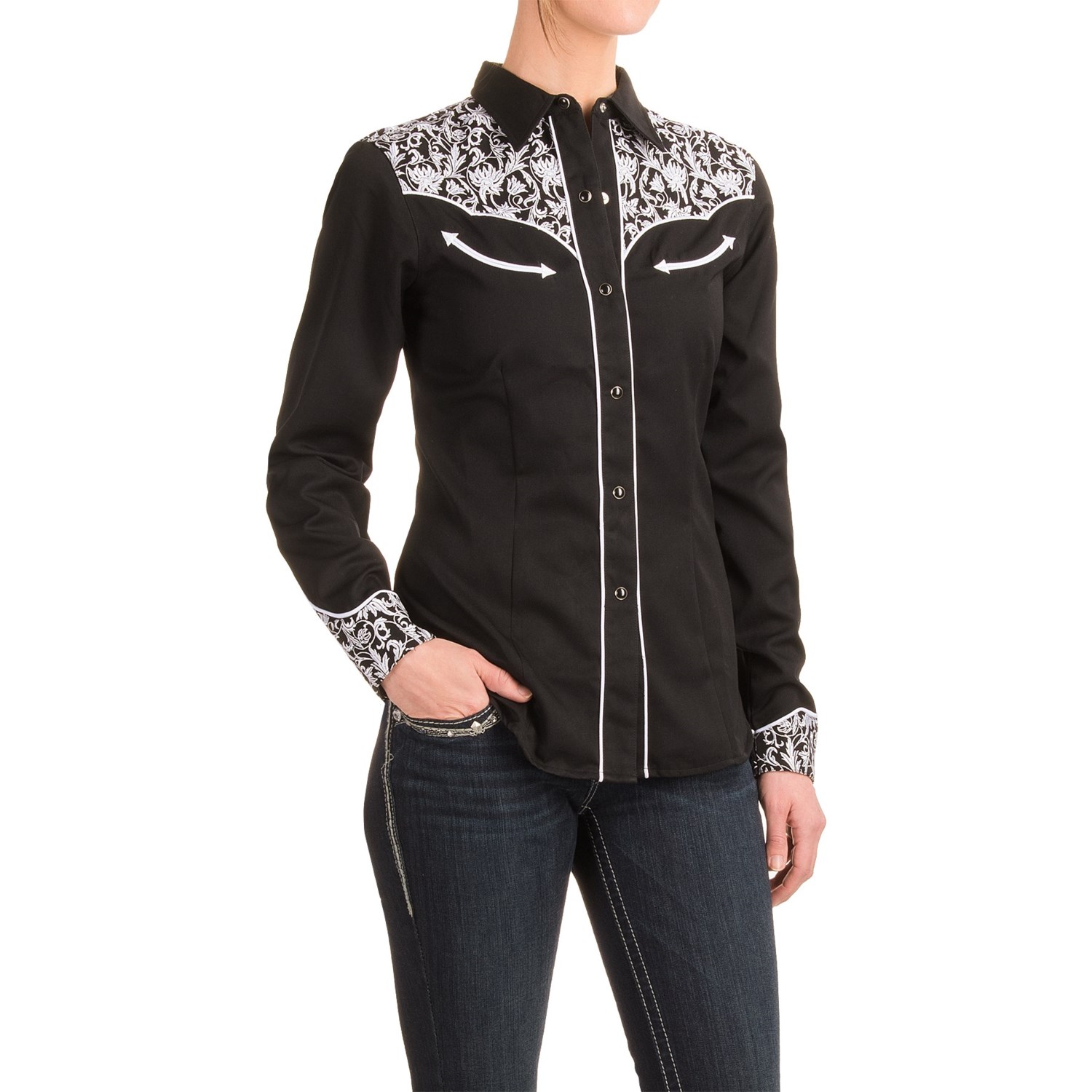 Roper Leaf Embroidered Western Shirt Snap Front Long Sleeve For Women
