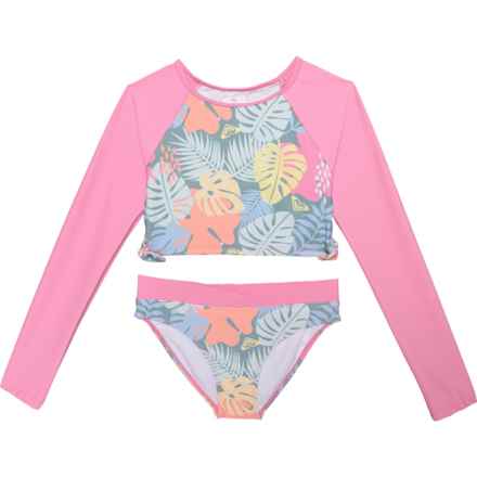 Roxy Big Girls Crop Rash Guard and Bikini Bottoms Set - UPF 50+, Long Sleeve in Aurora Pink/Lily Pad Tropical Trails