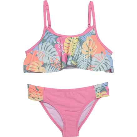 Roxy Big Girls Flounce Bikini Set - UPF 50+ in Aurora Pink/Lily Pad Tropical Trails