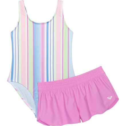 Roxy Big Girls Salty Striped One-Piece Swimsuit and Shorts Set - UPF 50+ in Lilac Chiffon