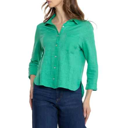 Sigrid Olsen Collared Jersey Button Down Shirt - Linen, 3/4 Sleeve in Simply Green