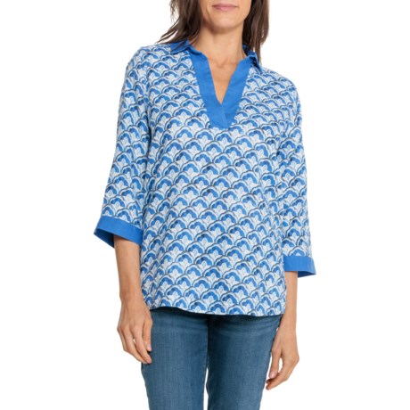 Sigrid Olsen Collared Popover Shirt - 3/4 Sleeve in Stamped Florets 02/Dazzling Blue