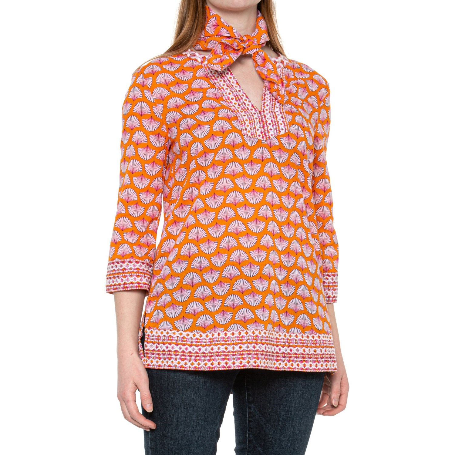 Sigrid Olsen Embroidered Tunic Shirt with Matching Scarf - 3/4 Sleeve ...