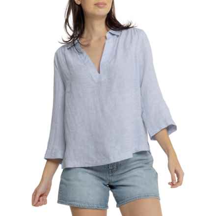 Sigrid Olsen Gathered Shoulder Collared Tunic Shirt - Linen, 3/4 Sleeve in Brunerra Blue Xd