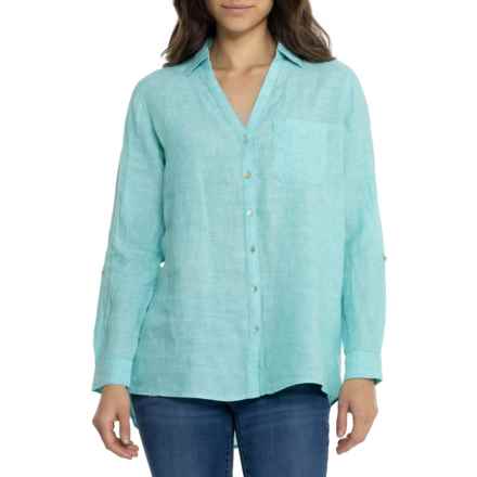 Sigrid Olsen Roll-Tab Button Front Shirt - Linen, Long Sleeve in Turquoise