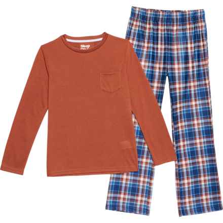 Sleep On It Big Boys Solid Shirt and Plaid Pants Pajamas - Long Sleeve in Brown