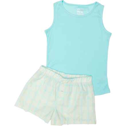 Sleep On It Big Girls Ribbed Tank Top and Boxer Shorts Pajamas in Aqua Combo