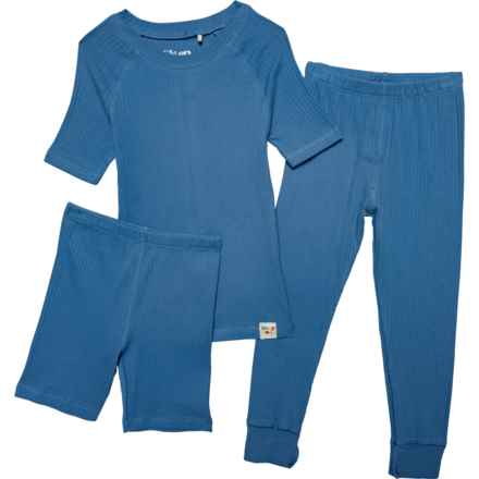 Sleep On It Little Boys Tight Fit Ribbed Pajamas - 3-Piece, Organic Cotton, Short Sleeve in Blue