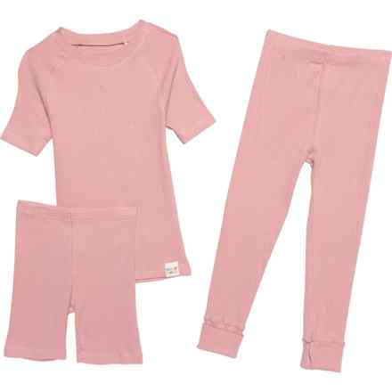 Sleep On It Little Girls Rib Knit Pajamas - 3-Piece, Organic Cotton, Short Sleeve in Pink