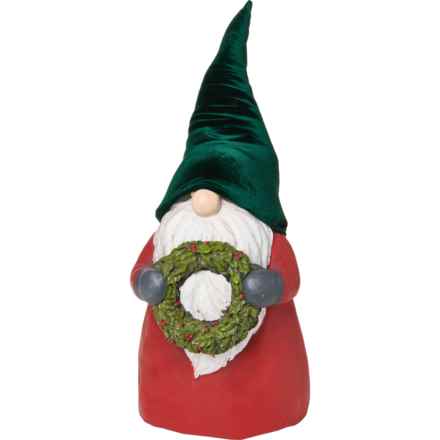 Sleigh Hill Resin Gnome with Wreath Decoration - 17.5” in Red