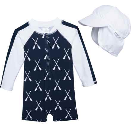 Snapper Rock Infant Boys Riviera Rowers Sun Suit and Flat Hat Set - UPF 50+, Long Sleeve in Blue