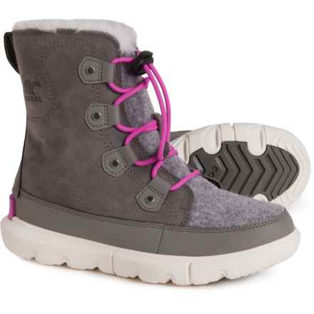 Sorel Girls  Explorer Lace Snow Boots - Waterproof, Insulated, Suede in Quarry, Bright Lavender