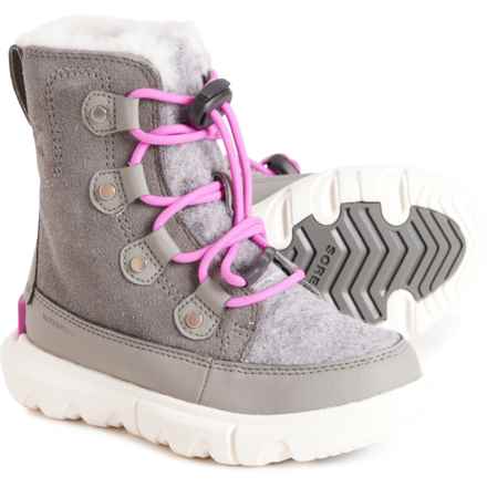 Sorel Girls  Explorer Lace Snow Boots - Waterproof, Insulated, Suede in Quarry, Bright Lavender