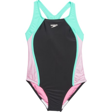 Speedo Big Girls Mesh Splice Thick One-Piece Swimsuit - UPF 50+ in 681 Fuchsia Pink