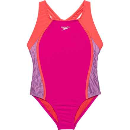 Speedo Big Girls Mesh Splice Thick One-Piece Swimsuit - UPF 50+ in Purple