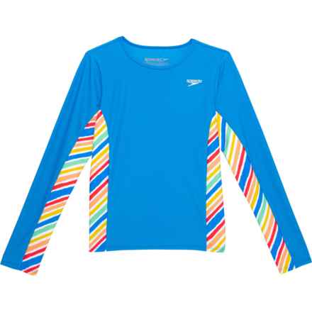 Speedo Big Girls Print Splice Rash Guard - UPF 50+, Long Sleeve in Blue - Closeouts