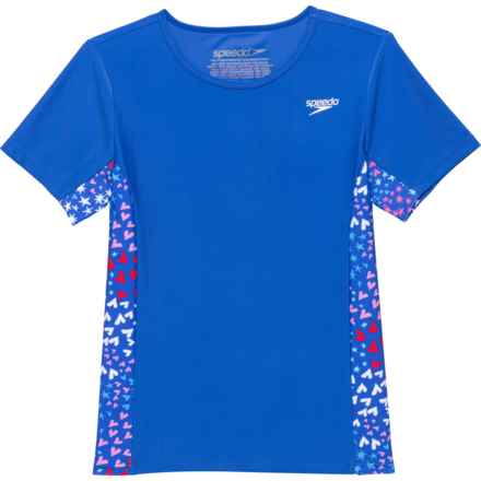 Speedo Big Girls Print Splice Rash Guard - UPF 50+, Short Sleeve in Dazzling Blue