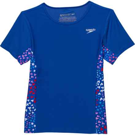 Speedo Big Girls Print Splice Rash Guard - UPF 50+, Short Sleeve in Dazzling Blue