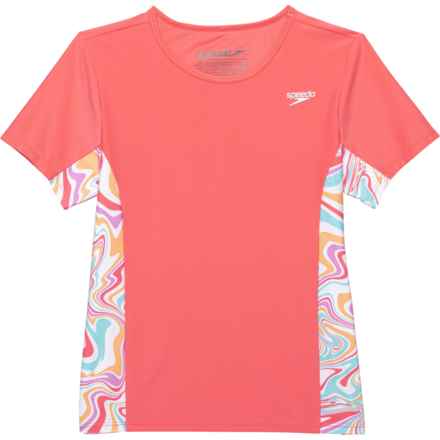 Speedo Big Girls Print Splice Rash Guard - UPF 50+, Short Sleeve in Pink